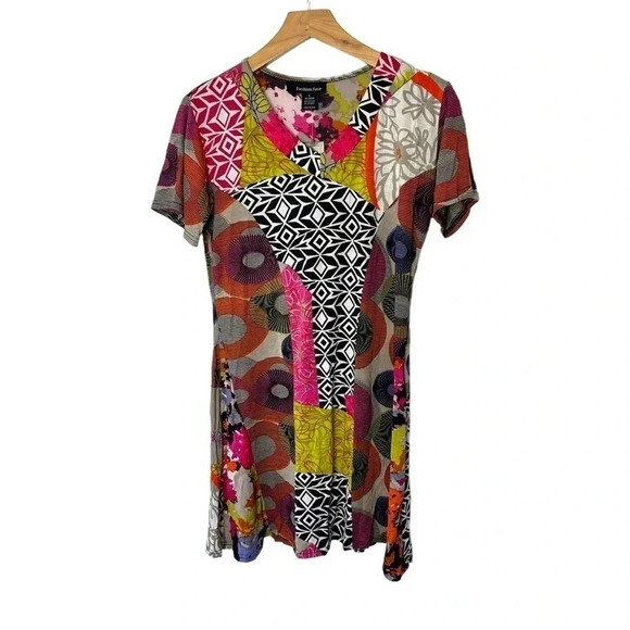 Fashion Fuse women's L multicolor psychedelic short sleeve V-neck‎ tunic artsy - Picture 2 of 7